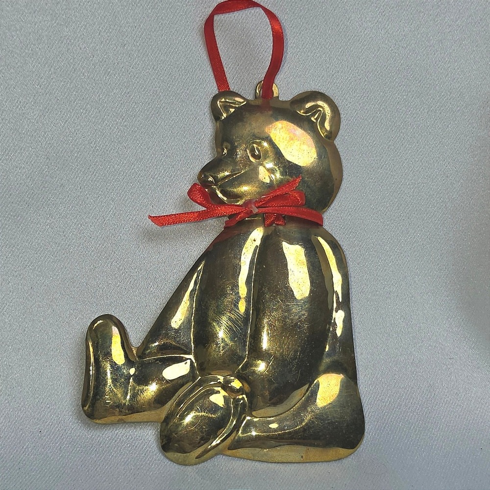 Vintage Department 56 Gold Metal Teddy Bear Christmas Ornament 1980s Red Bow